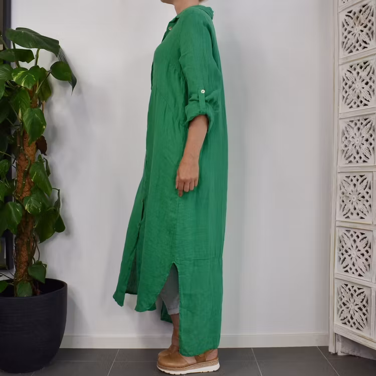 Lång skjortklänning i linne GRÖN