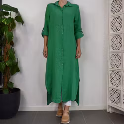 Lång skjortklänning i linne GRÖN