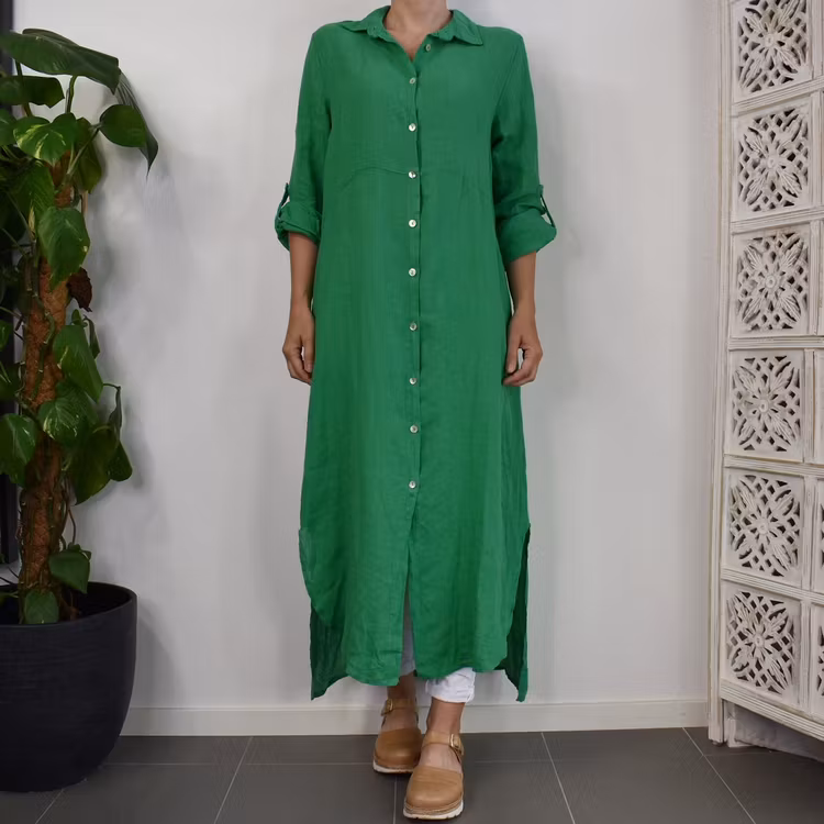 Lång skjortklänning i linne GRÖN