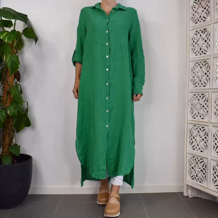 Lång skjortklänning i linne GRÖN