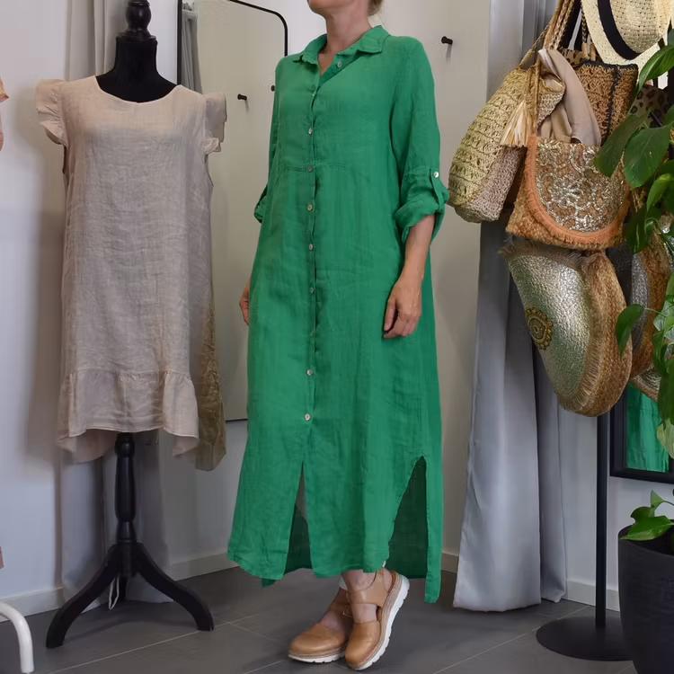 Lång skjortklänning i linne GRÖN