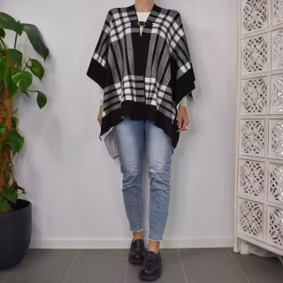 Poncho-sjal Rutig SVART/VIT