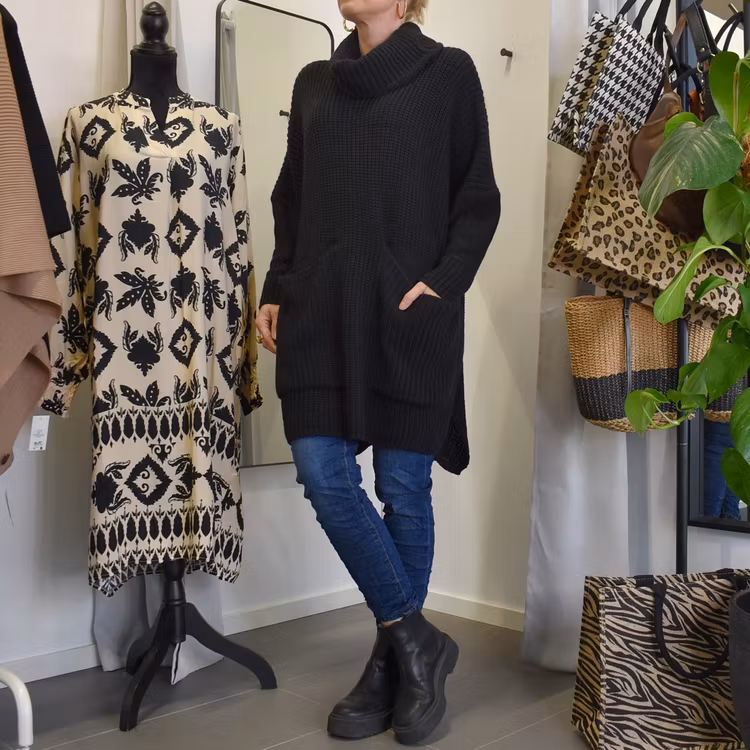 Stickad Tröja med Fickor Over Sized SVART