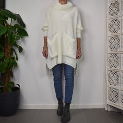 Stickad Tröja med Fickor Over Sized ECRU