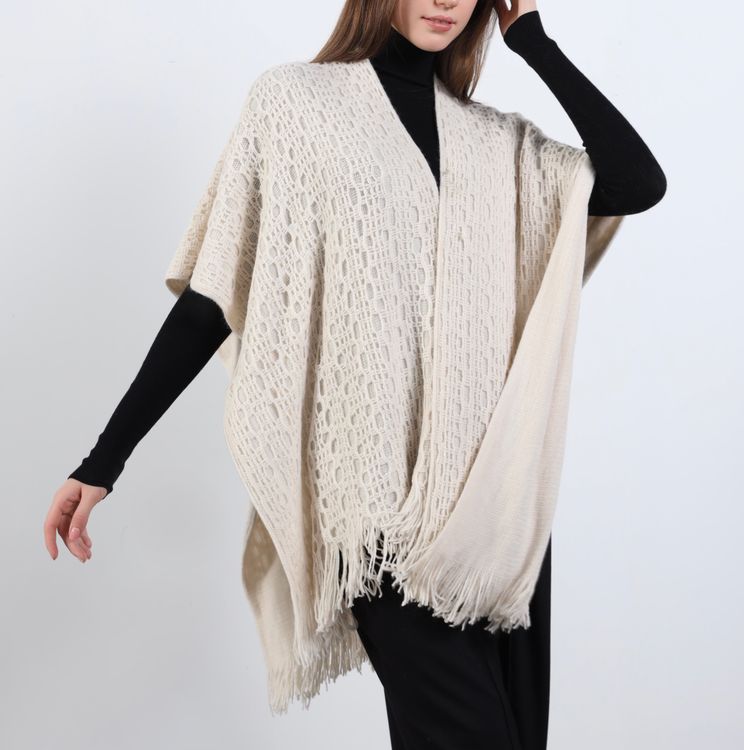 Poncho-sjal Mönsterstickad BEIGE