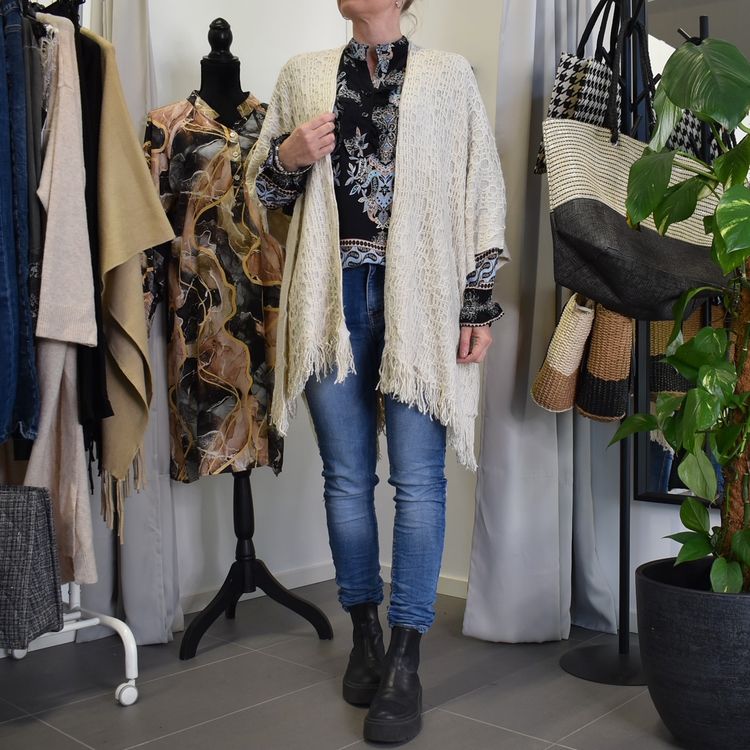Poncho-sjal Mönsterstickad BEIGE