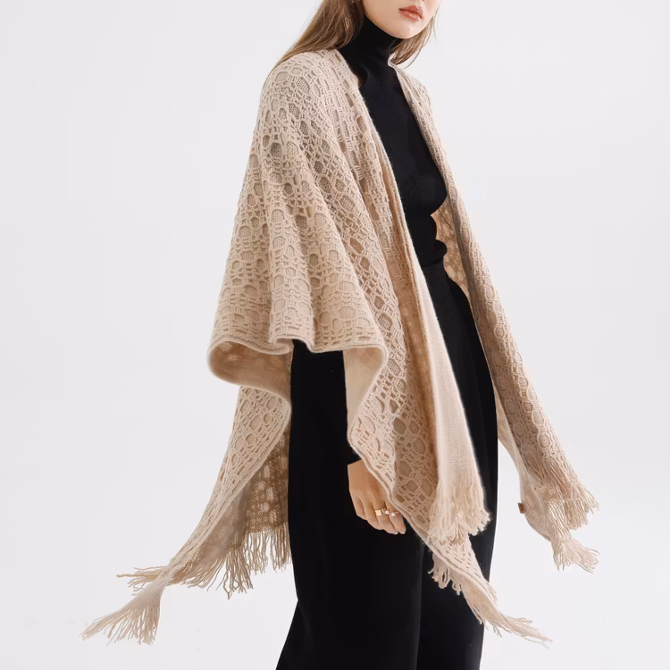 Poncho-sjal Mönsterstickad TAUPE