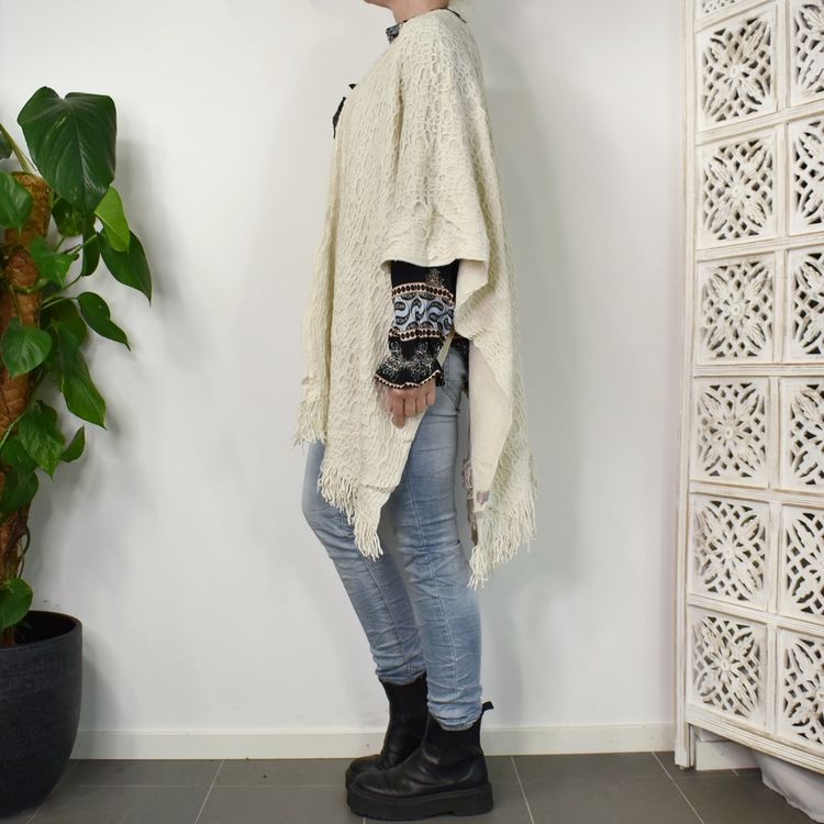 Poncho-sjal Mönsterstickad BEIGE