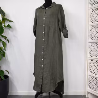 ANDRASORTERING Lång skjortklänning i linne MILITARY