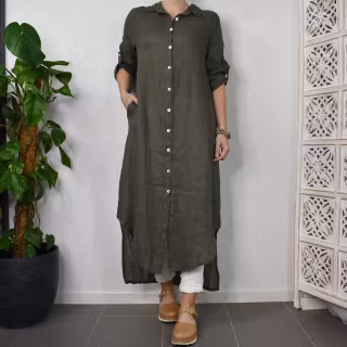 ANDRASORTERING Lång skjortklänning i linne MILITARY