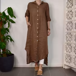 Lång skjortklänning i linne BRUN FANGO