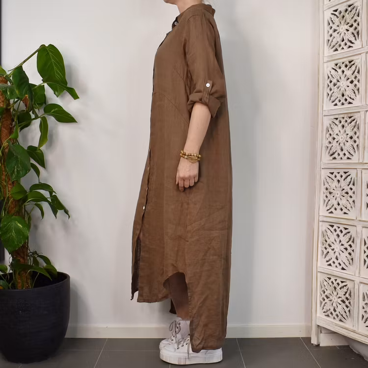 Lång skjortklänning i linne BRUN FANGO