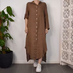 Lång skjortklänning i linne BRUN FANGO