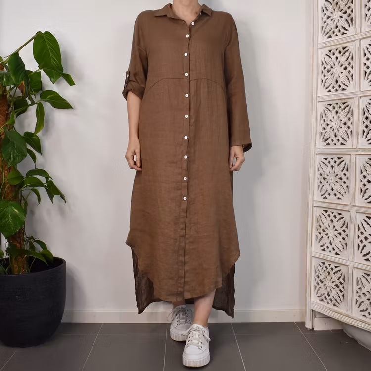 Lång skjortklänning i linne BRUN FANGO