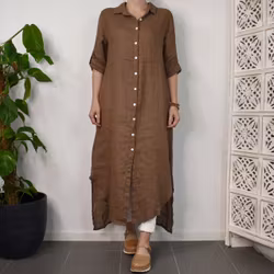 Lång skjortklänning i linne BRUN FANGO