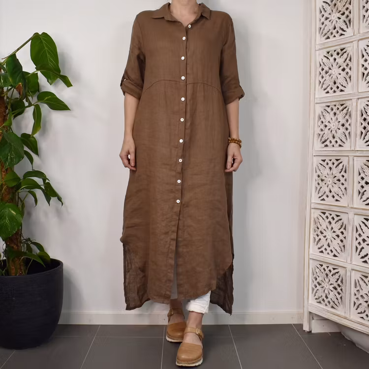Lång skjortklänning i linne BRUN FANGO