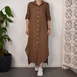 Lång skjortklänning i linne BRUN FANGO