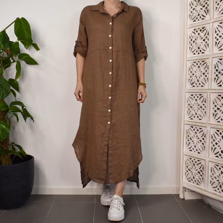 Lång skjortklänning i linne BRUN FANGO