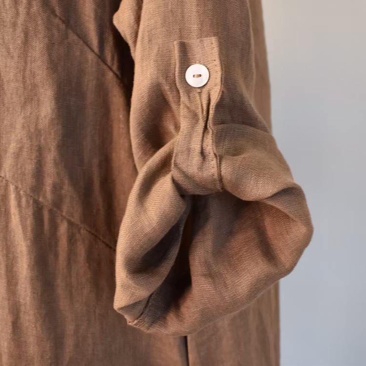 Lång skjortklänning i linne BRUN FANGO