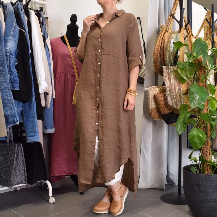 Lång skjortklänning i linne BRUN FANGO