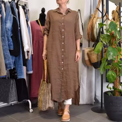 Lång skjortklänning i linne BRUN FANGO