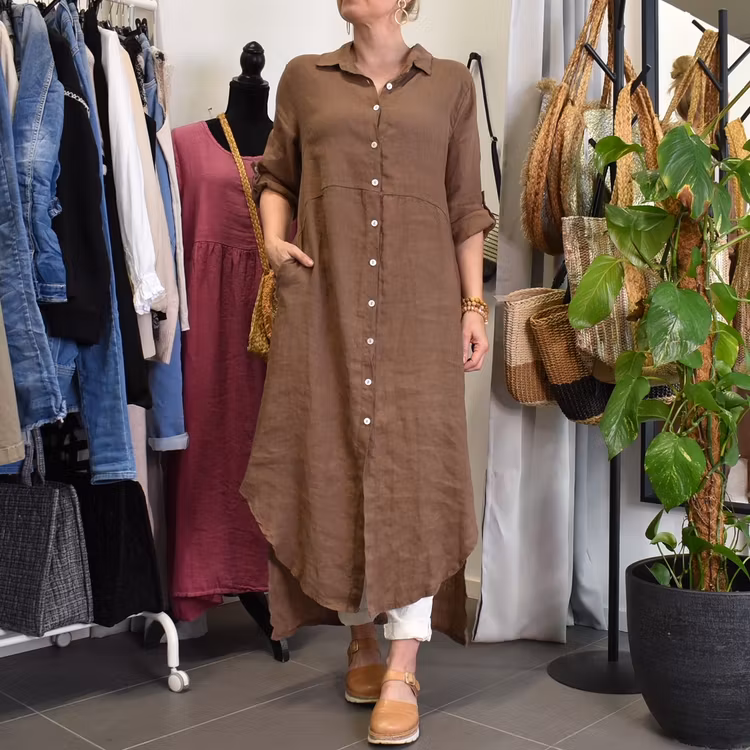 Lång skjortklänning i linne BRUN FANGO