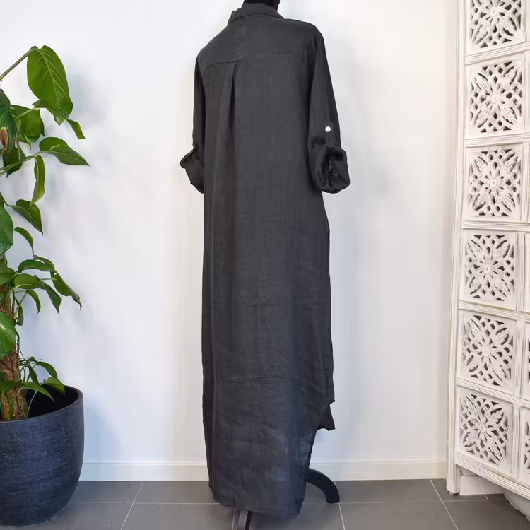 Lång skjortklänning i linne ANTRACIT