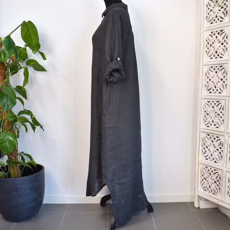 Lång skjortklänning i linne ANTRACIT