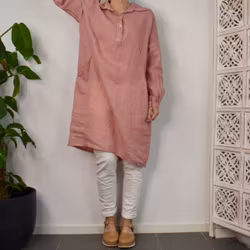 Kort skjortklänning i linne CARAMEL