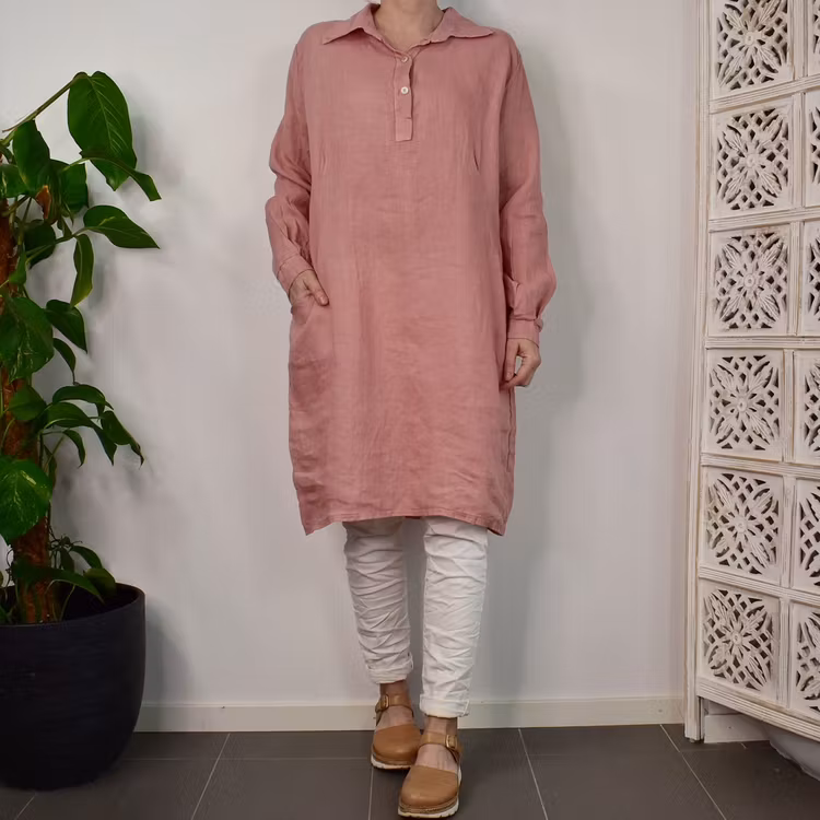 Kort skjortklänning i linne CARAMEL