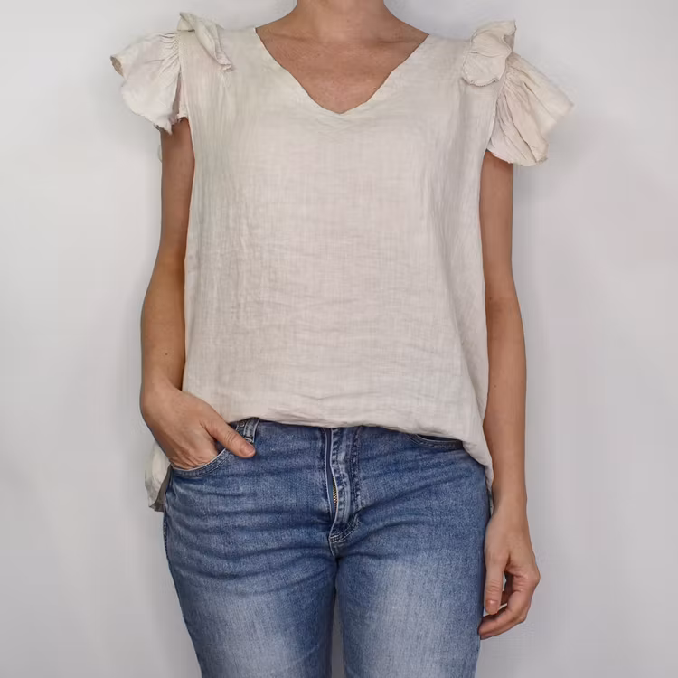 Linnetopp med volangärm BEIGE