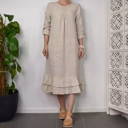 Linneklänning med volang LJUSBEIGE