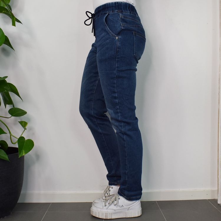 Jeans Resårmidja och Knytband MÖRK BLÅ - 3D Denim