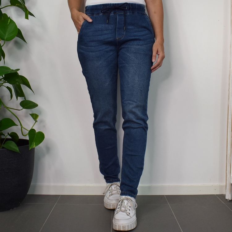 Jeans Resårmidja och Knytband MÖRK BLÅ - 3D Denim