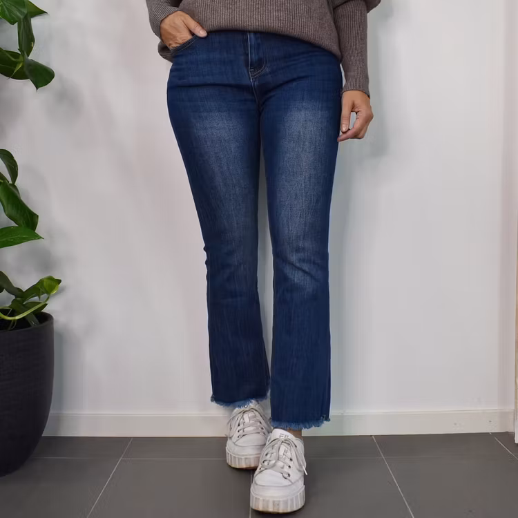 Jeans Flare med Fransar MÖRK BLÅ - 3D Denim