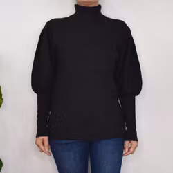 Stickad Polotröja Med Puffärm SVART