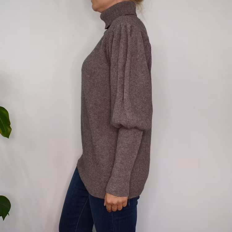 Stickad Polotröja Med Puffärm TAUPE