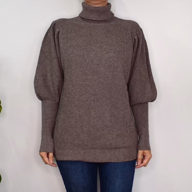 Stickad Polotröja Med Puffärm TAUPE