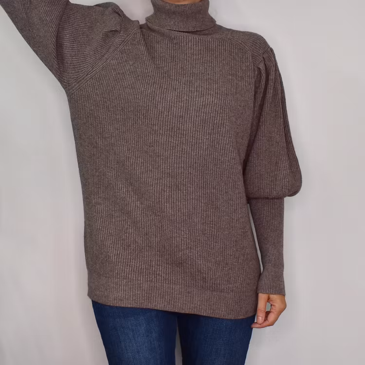 Stickad Polotröja Med Puffärm TAUPE