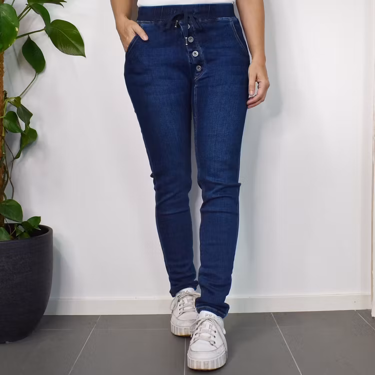Jeans Resårmidja och Knappar MÖRK BLÅ - 3D Denim