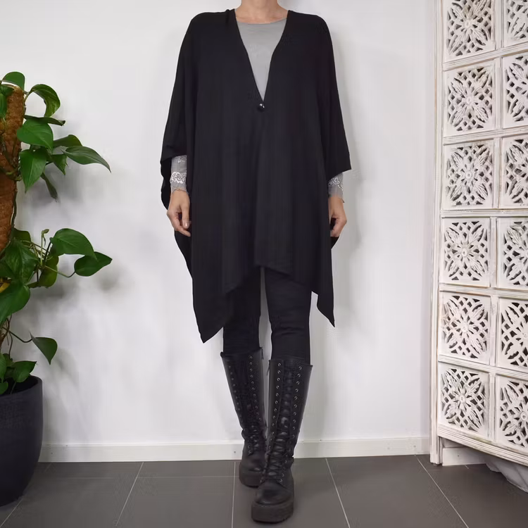 Poncho-sjal med Knapp SVART