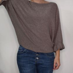 Finstickad tröja Volangärm TAUPE