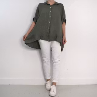 Kort linneskjorta med Volang KAKI