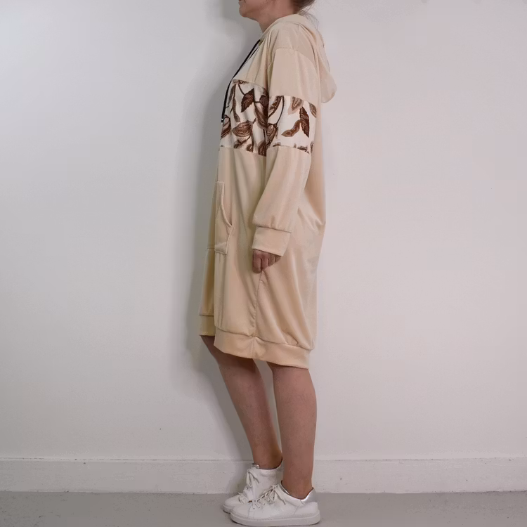 Hoodieklänning Velour Emily Blommig BEIGE - Camicia