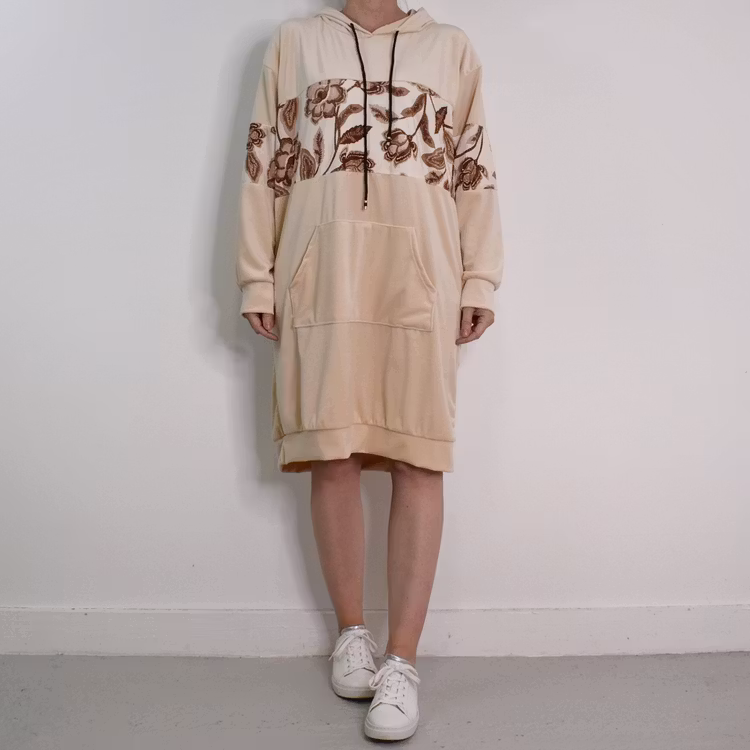 Hoodieklänning Velour Emily Blommig BEIGE - Camicia