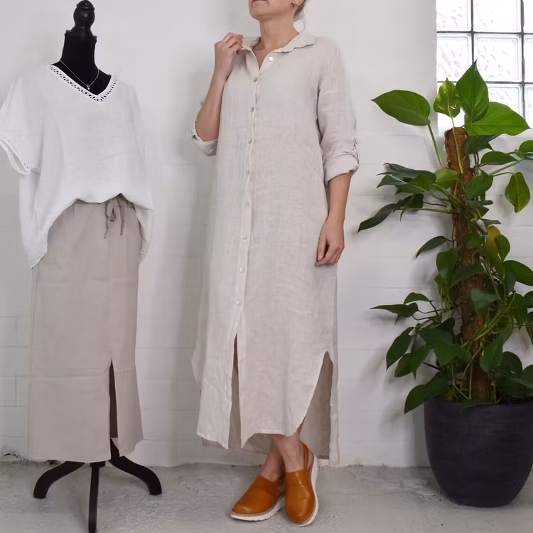 Skjortklänning i linne BEIGE