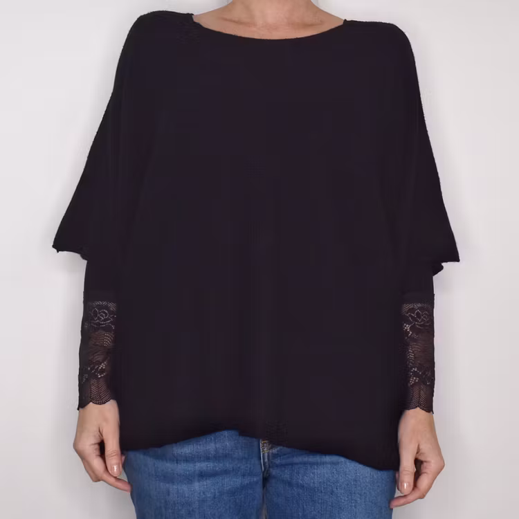 Finstickad Ponchotröja Nessa SVART - Mix By Heart