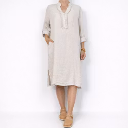 Kort Linneklänning med Krås BEIGE