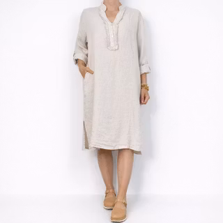 Kort Linneklänning med Krås BEIGE