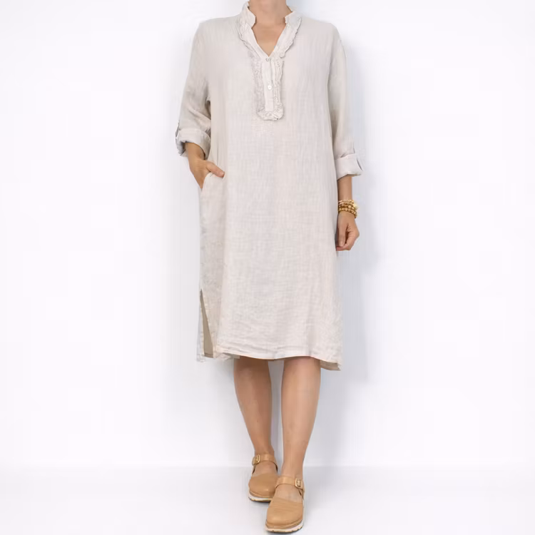 Kort Linneklänning med Krås BEIGE